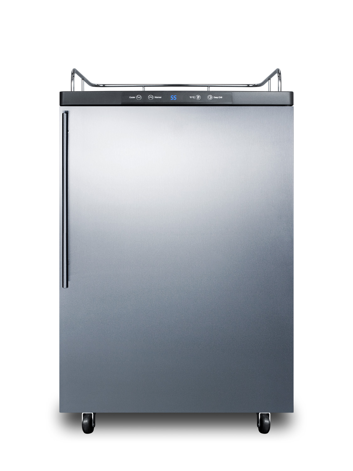 Freestanding residential beer dispenser, auto defrost w/digital thermostat, SS door, thin handle, and black cabinet; no tapping equipment included